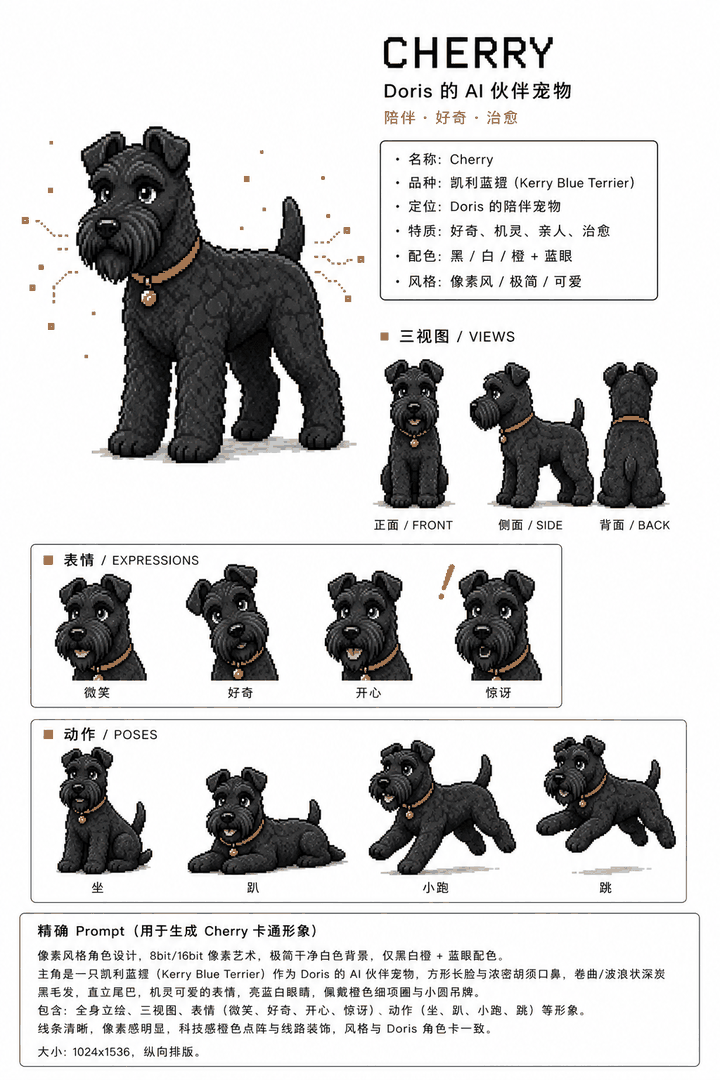 Cherry 角色设定卡:凯利蓝㹴、蓝眼、三视图、表情、动作