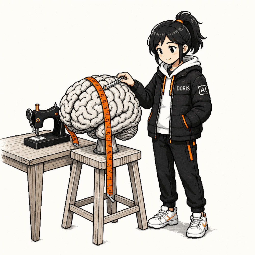 小J works as a tailor, measuring a brain seated on a stool with a red measuring tape